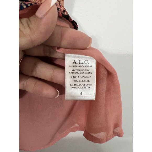 A.L.C. Brown/Pink 100% Silk Hayley Floral Metallic Blouse Size 4 - Picture 4 of 11